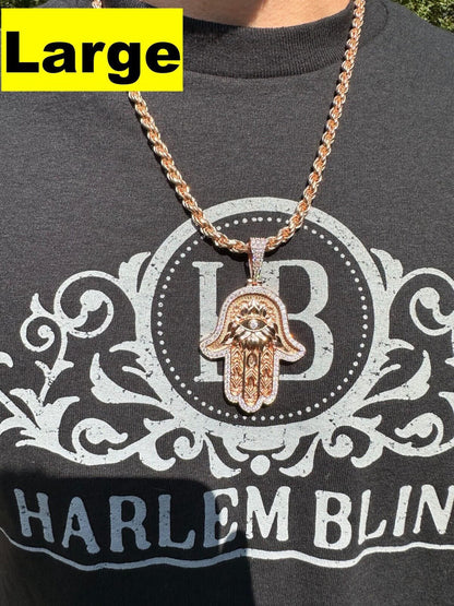 HarlemBling Real Rose Gold & 925 Sterling Silver Hamsa Evil Eye Hand Iced MOISSANITE Pendant