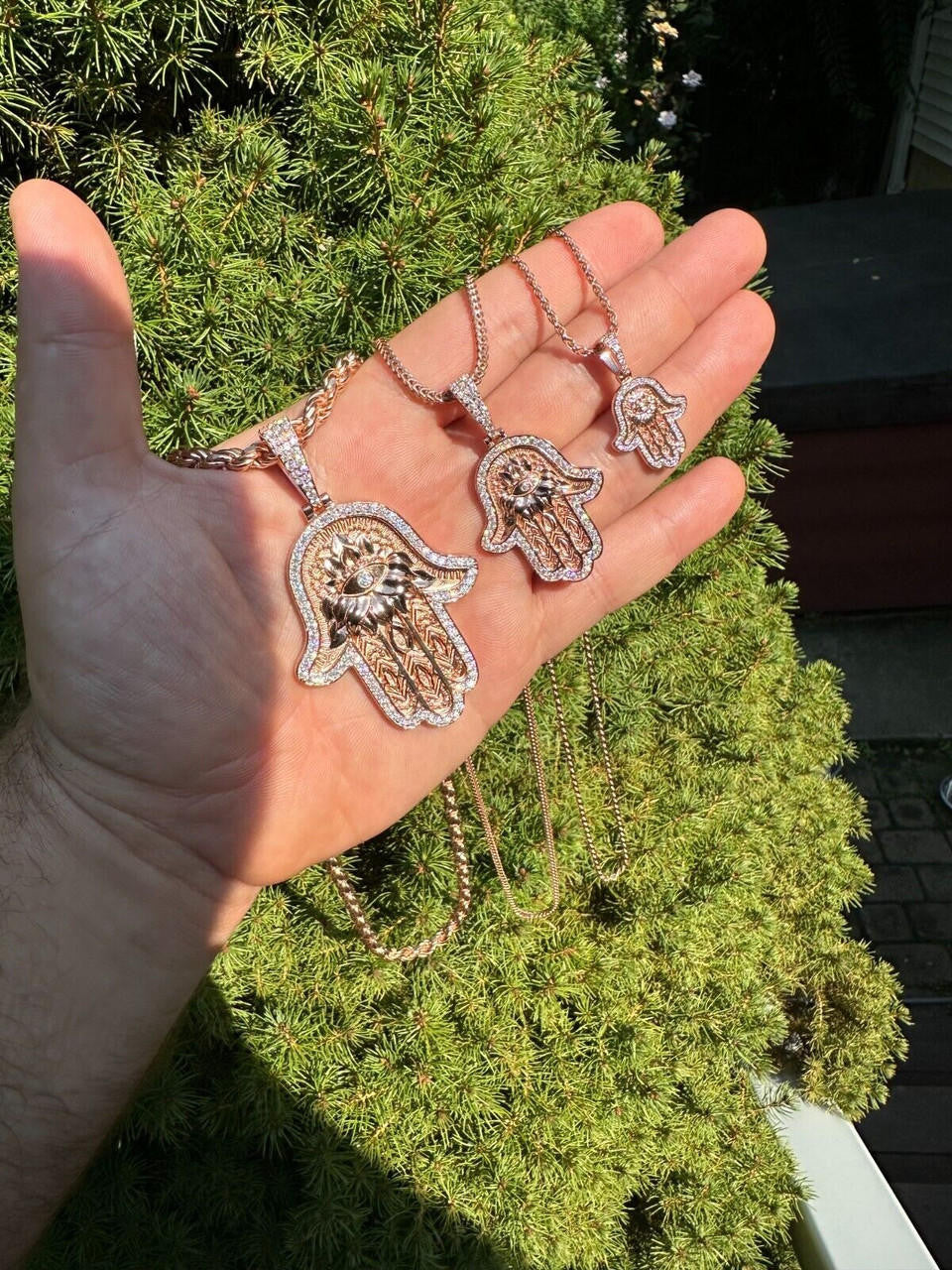 HarlemBling Real Rose Gold & 925 Sterling Silver Hamsa Evil Eye Hand Iced MOISSANITE Pendant