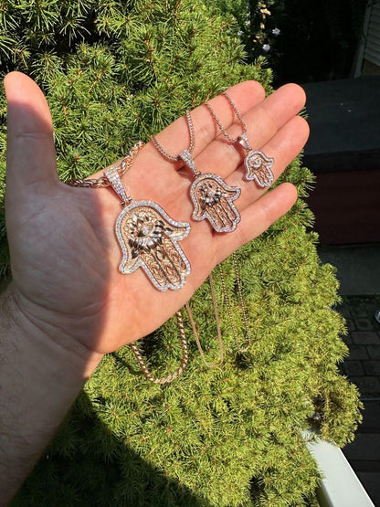HarlemBling Real Rose Gold & 925 Sterling Silver Hamsa Evil Eye Hand Iced MOISSANITE Pendant