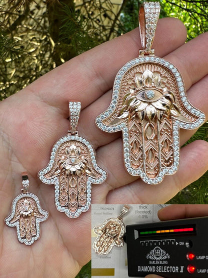 HarlemBling Real Rose Gold & 925 Sterling Silver Hamsa Evil Eye Hand Iced MOISSANITE Pendant