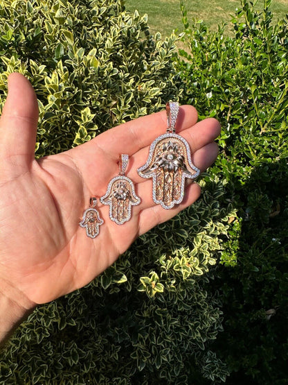 HarlemBling Real Rose Gold & 925 Sterling Silver Hamsa Evil Eye Hand Iced MOISSANITE Pendant
