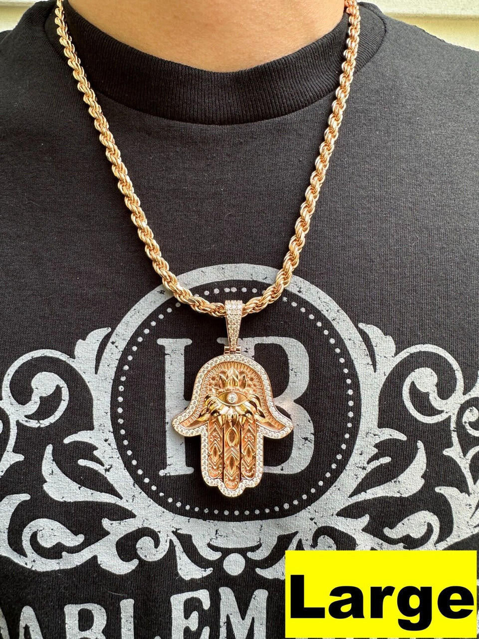 HarlemBling Real Rose Gold & 925 Sterling Silver Hamsa Evil Eye Hand Iced MOISSANITE Pendant