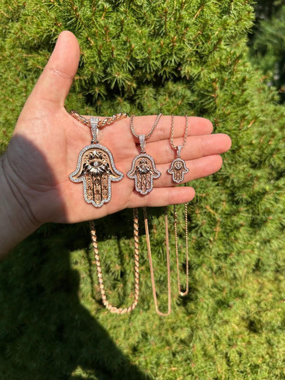 HarlemBling Real Rose Gold & 925 Sterling Silver Hamsa Evil Eye Hand Iced MOISSANITE Pendant