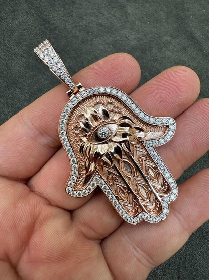 HarlemBling Real Rose Gold & 925 Sterling Silver Hamsa Evil Eye Hand Iced MOISSANITE Pendant