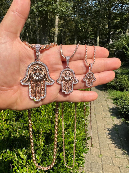 HarlemBling Real Rose Gold & 925 Sterling Silver Hamsa Evil Eye Hand Iced MOISSANITE Pendant