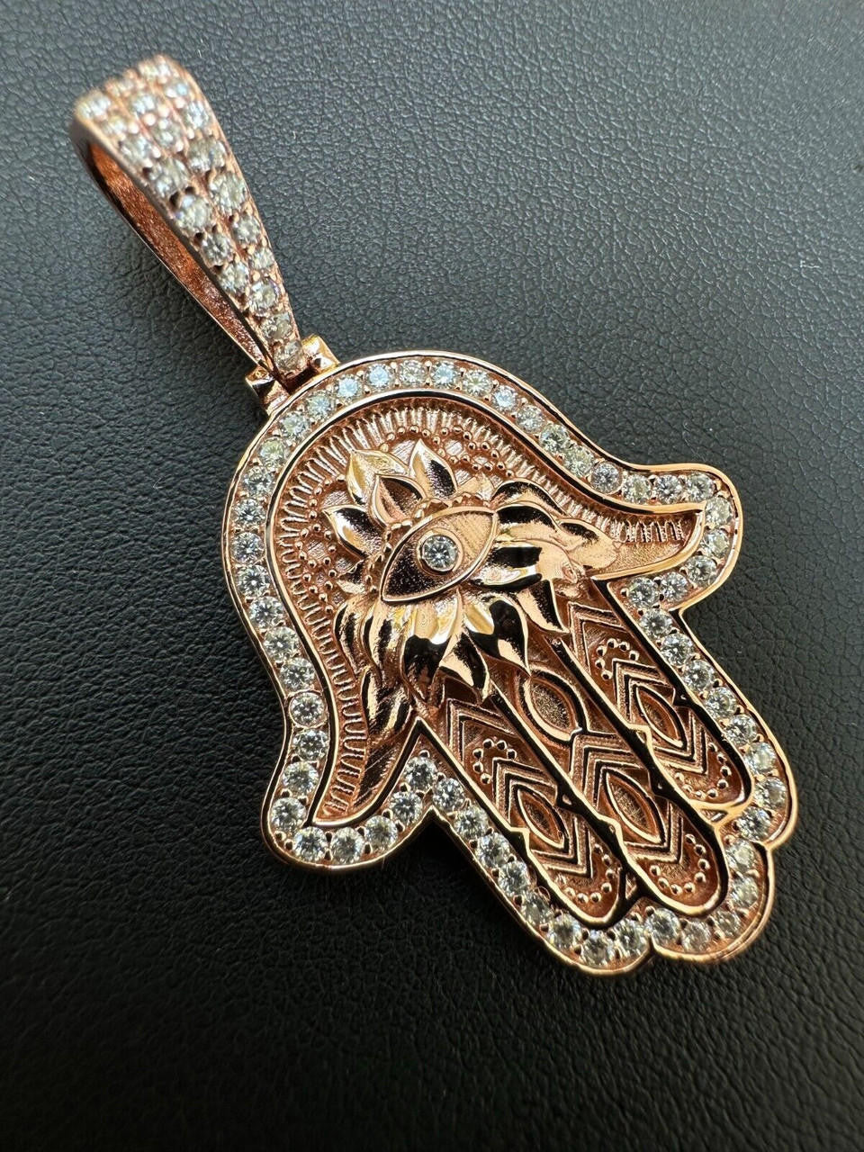 HarlemBling Real Rose Gold & 925 Sterling Silver Hamsa Evil Eye Hand Iced MOISSANITE Pendant
