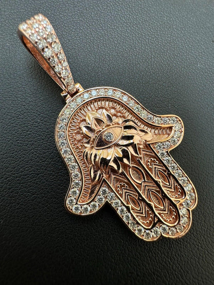 HarlemBling Real Rose Gold & 925 Sterling Silver Hamsa Evil Eye Hand Iced MOISSANITE Pendant
