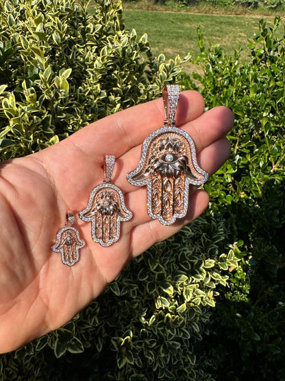 HarlemBling Real Rose Gold & 925 Sterling Silver Hamsa Evil Eye Hand Iced MOISSANITE Pendant