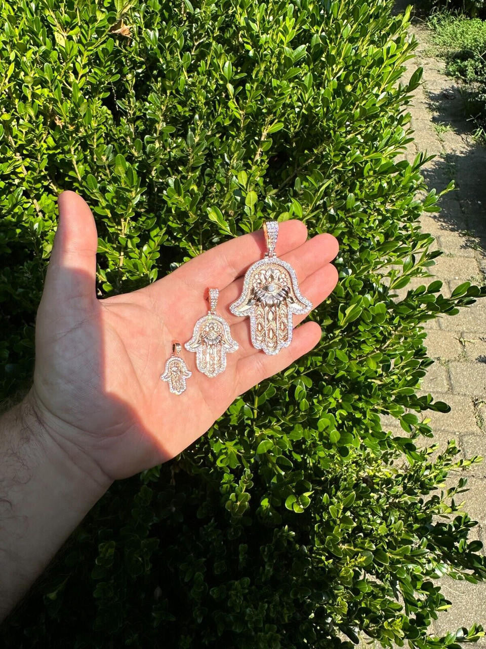 HarlemBling Real Rose Gold & 925 Sterling Silver Hamsa Evil Eye Hand Iced MOISSANITE Pendant
