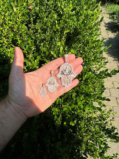 HarlemBling Real Rose Gold & 925 Sterling Silver Hamsa Evil Eye Hand Iced MOISSANITE Pendant