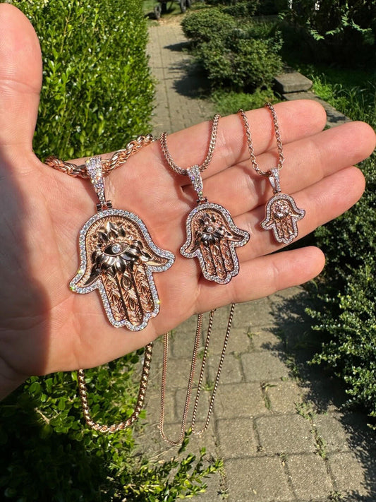 HarlemBling Real Rose Gold & 925 Sterling Silver Hamsa Evil Eye Hand Iced MOISSANITE Pendant