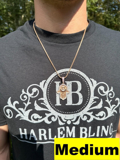 HarlemBling Real Rose Gold & 925 Sterling Silver Hamsa Evil Eye Hand Iced MOISSANITE Pendant