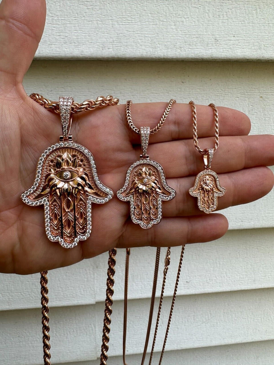 HarlemBling Real Rose Gold & 925 Sterling Silver Hamsa Evil Eye Hand Iced MOISSANITE Pendant