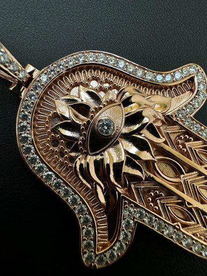 HarlemBling Real Rose Gold & 925 Sterling Silver Hamsa Evil Eye Hand Iced MOISSANITE Pendant