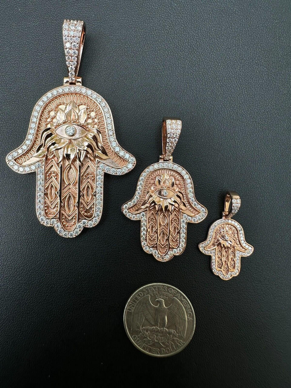 HarlemBling Real Rose Gold & 925 Sterling Silver Hamsa Evil Eye Hand Iced MOISSANITE Pendant