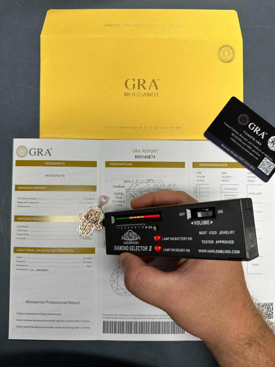 HarlemBling Real Rose Gold & 925 Sterling Silver Hamsa Evil Eye Hand Iced MOISSANITE Pendant