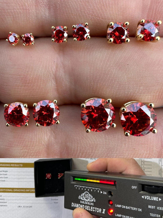 HarlemBling Real Ruby Red Moissanite Screwback Stud Earrings 14k Gold Over 925 Silver 3-8mm
