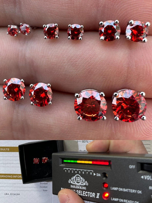 HarlemBling Real Ruby Red Moissanite Screwback Stud Earrings 925 Silver 3-8mm Iced Pass Test