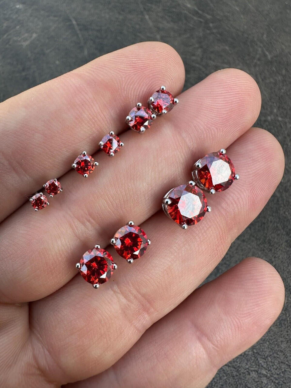 HarlemBling Real Ruby Red Moissanite Screwback Stud Earrings 925 Silver 3-8mm Iced Pass Test
