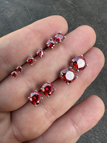 HarlemBling Real Ruby Red Moissanite Screwback Stud Earrings 925 Silver 3-8mm Iced Pass Test
