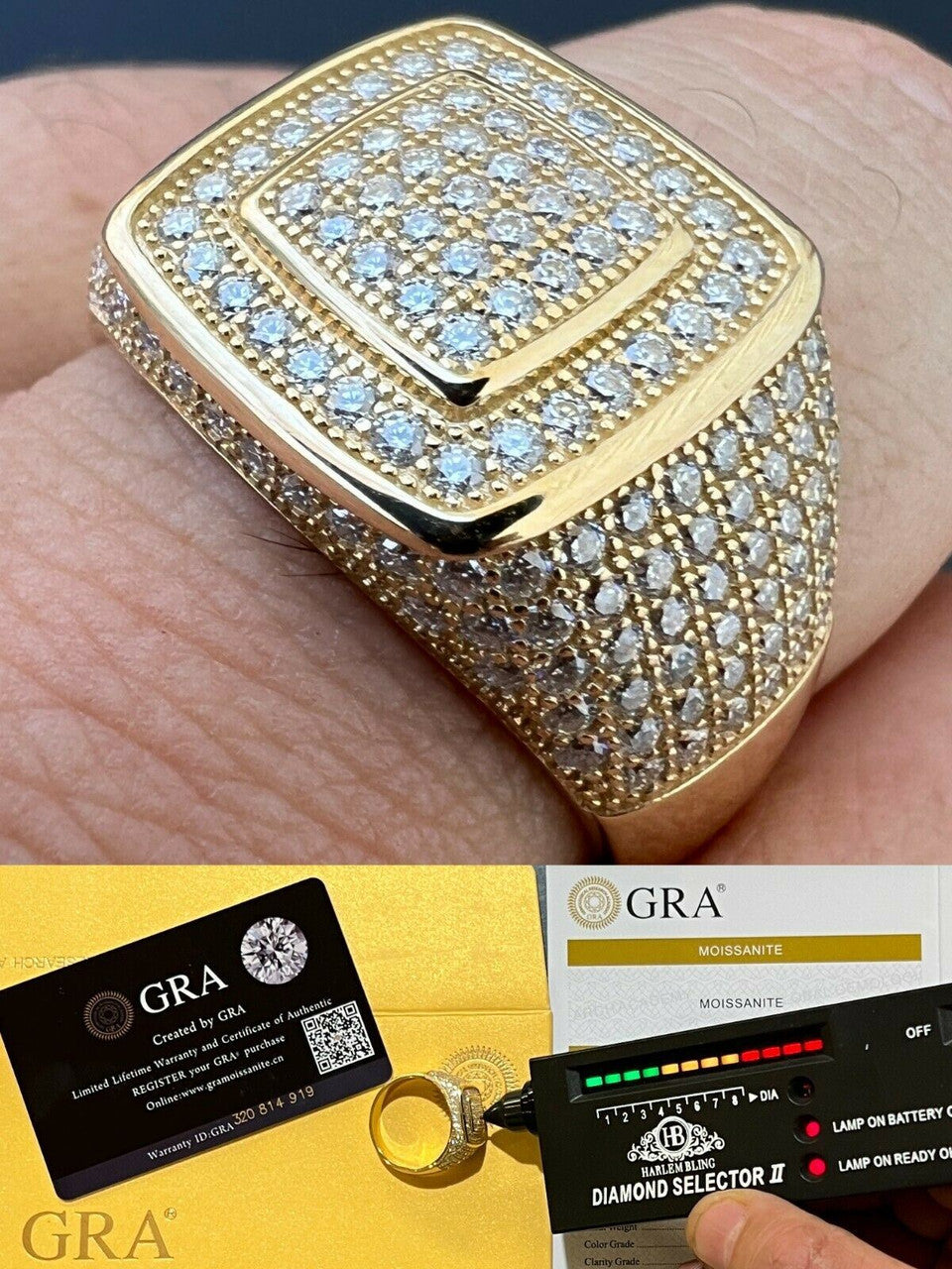 HarlemBling Real Solid 10k Gold Mens Hip Hop Iced Moissanite Ring - Passes Diamond Tester