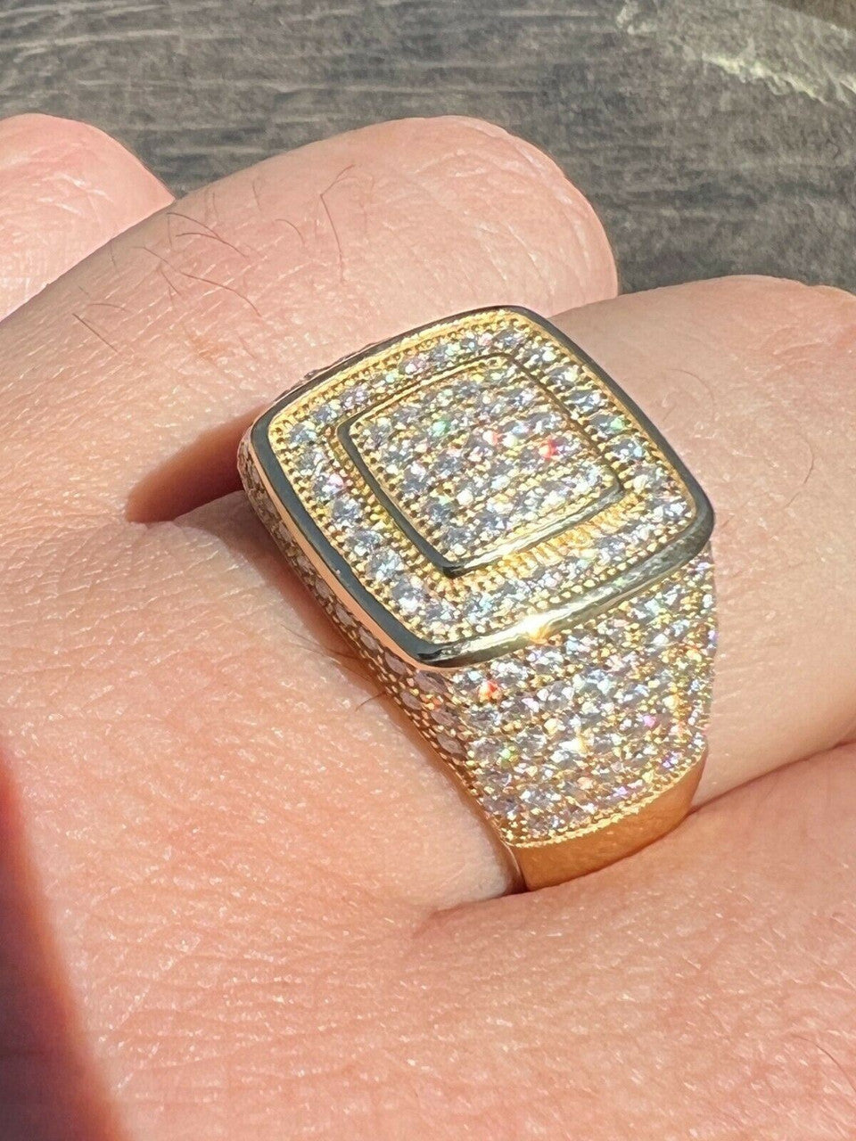 HarlemBling Real Solid 10k Gold Mens Hip Hop Iced Moissanite Ring - Passes Diamond Tester