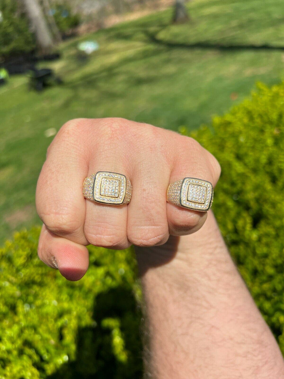 HarlemBling Real Solid 10k Gold Mens Hip Hop Iced Moissanite Ring - Passes Diamond Tester