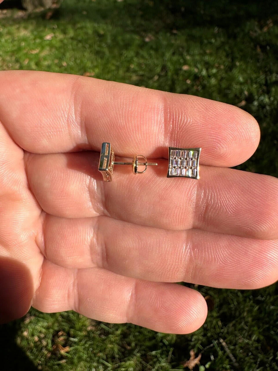 HarlemBling Real Solid 10k Yellow Gold Iced Kite Baguette Moissanite Earrings Men Ladies 8mm