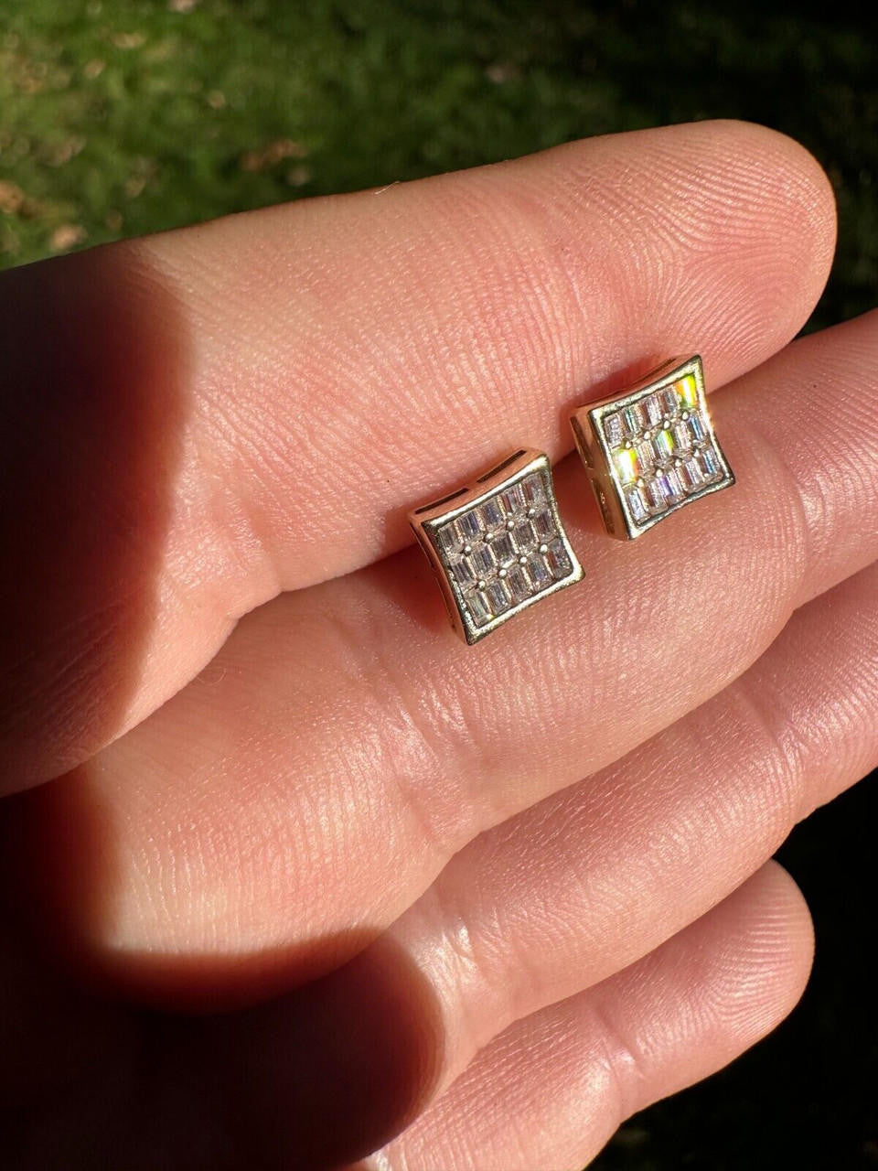 HarlemBling Real Solid 10k Yellow Gold Iced Kite Baguette Moissanite Earrings Men Ladies 8mm