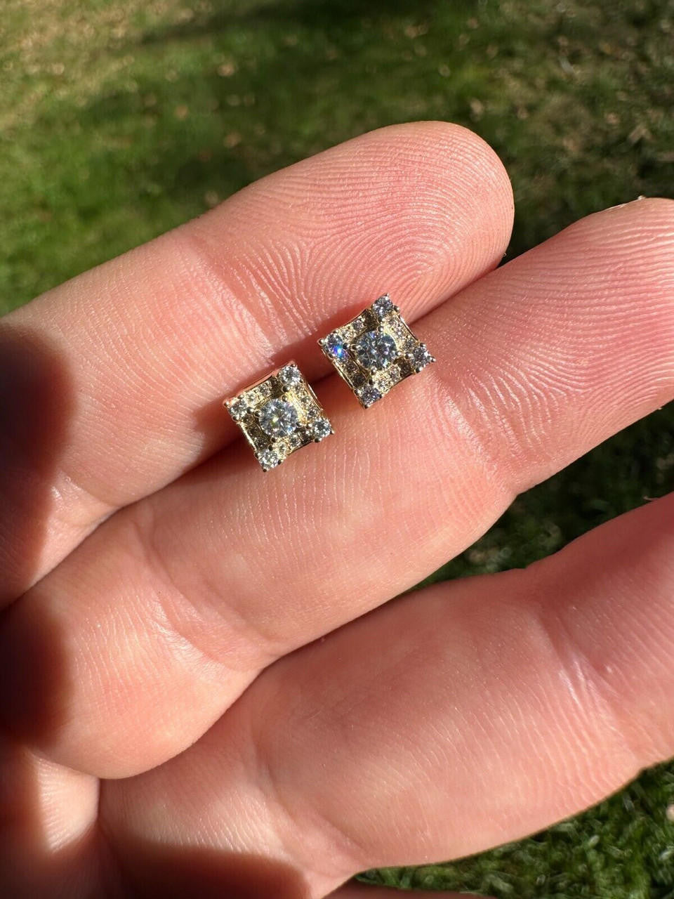 HarlemBling Real Solid 10k Yellow Gold Iced Kite Moissanite Earrings Mens Ladies 6.5mm Studs