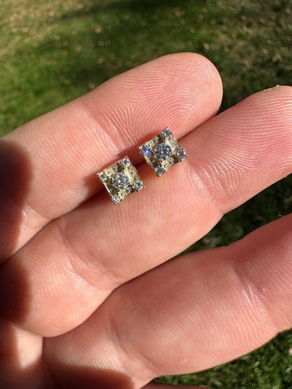 HarlemBling Real Solid 10k Yellow Gold Iced Kite Moissanite Earrings Mens Ladies 6.5mm Studs