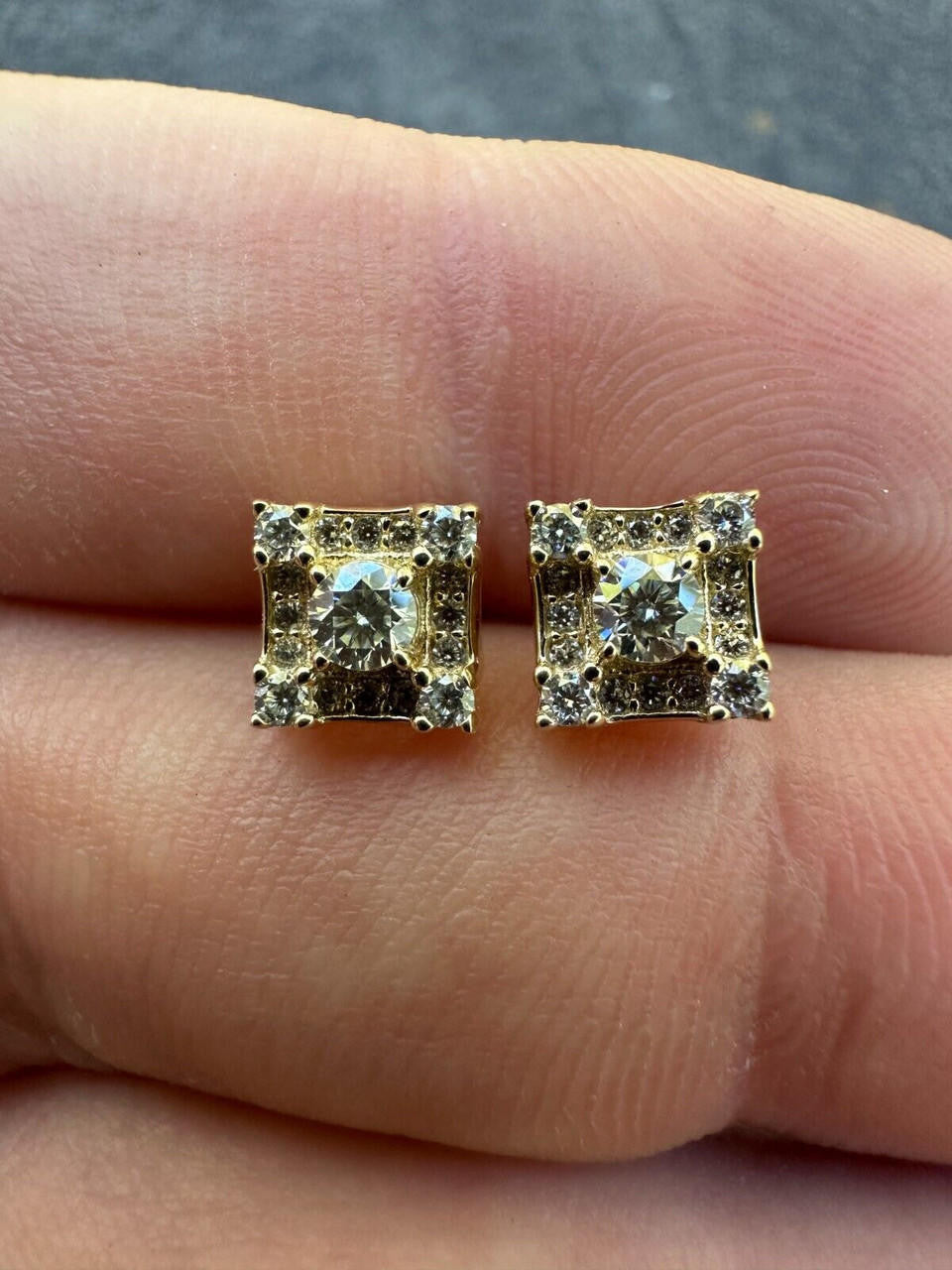 HarlemBling Real Solid 10k Yellow Gold Iced Kite Moissanite Earrings Mens Ladies 6.5mm Studs