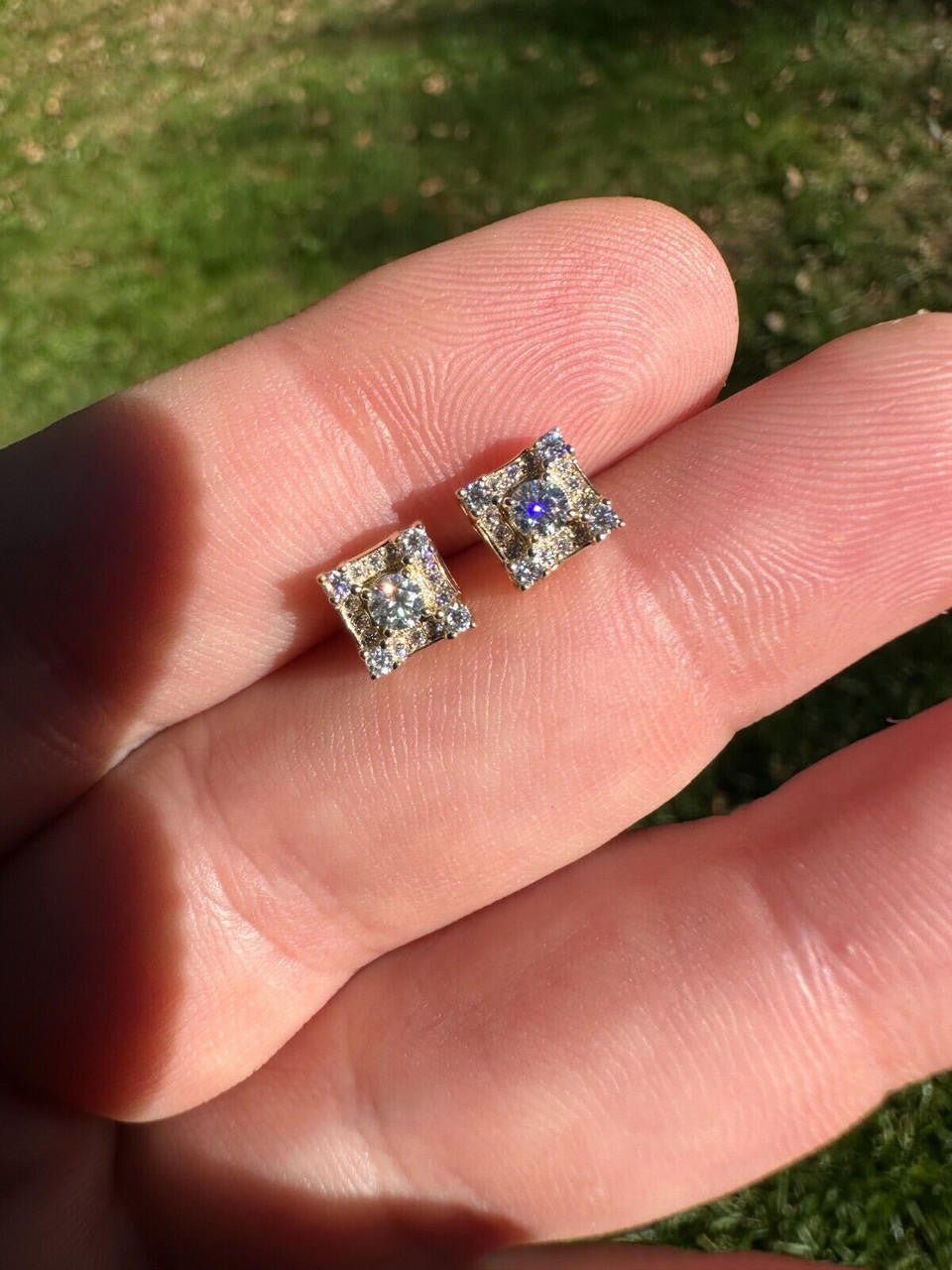 HarlemBling Real Solid 10k Yellow Gold Iced Kite Moissanite Earrings Mens Ladies 6.5mm Studs