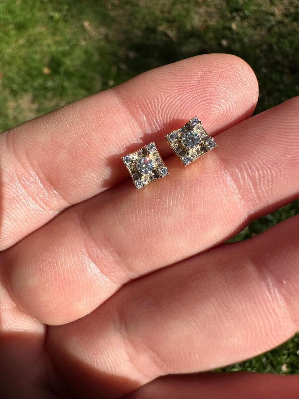 HarlemBling Real Solid 10k Yellow Gold Iced Kite Moissanite Earrings Mens Ladies 6.5mm Studs