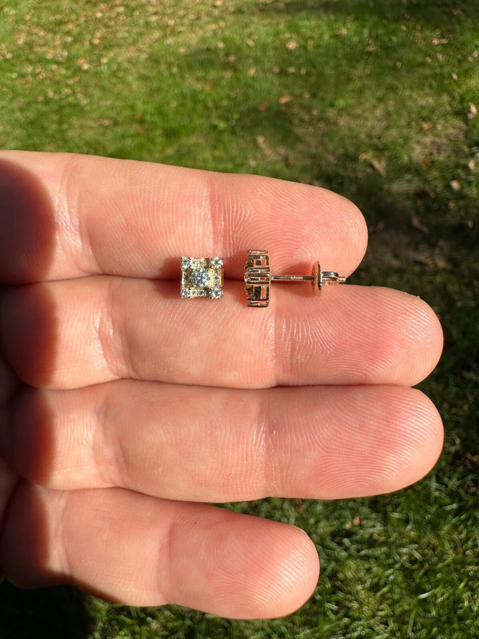 HarlemBling Real Solid 10k Yellow Gold Iced Kite Moissanite Earrings Mens Ladies 6.5mm Studs