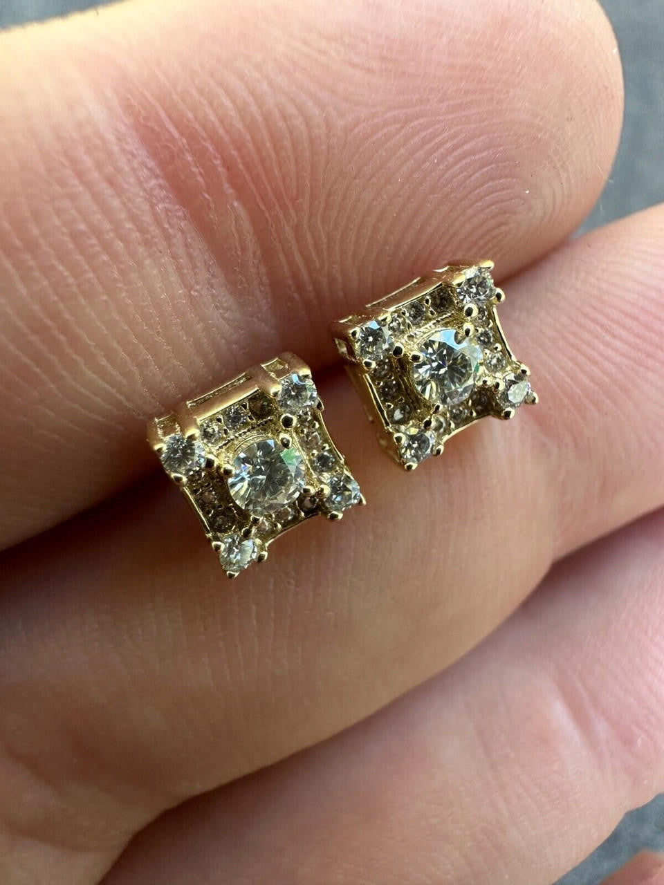 HarlemBling Real Solid 10k Yellow Gold Iced Kite Moissanite Earrings Mens Ladies 6.5mm Studs