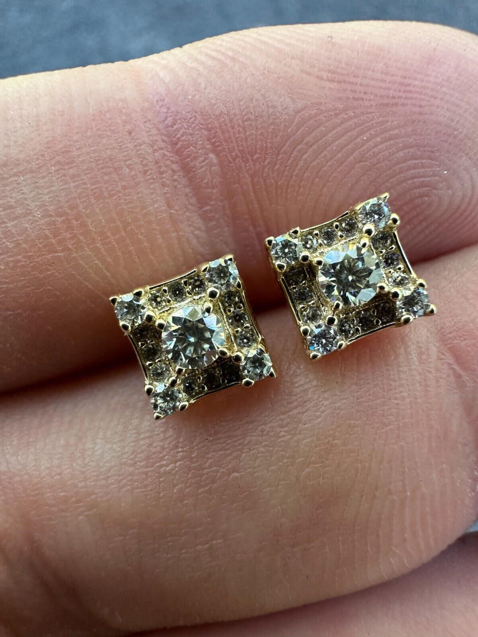HarlemBling Real Solid 10k Yellow Gold Iced Kite Moissanite Earrings Mens Ladies 6.5mm Studs