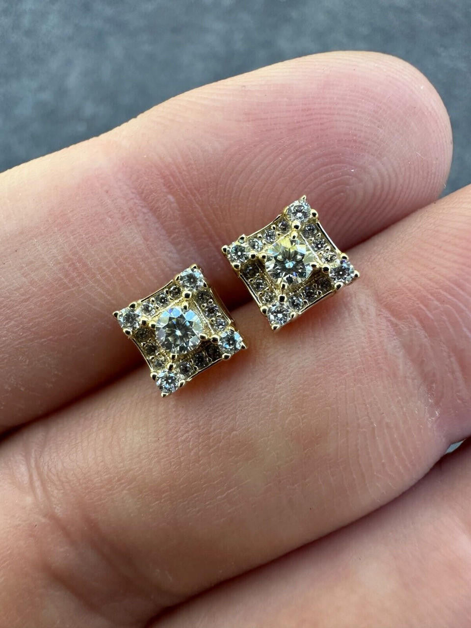 HarlemBling Real Solid 10k Yellow Gold Iced Kite Moissanite Earrings Mens Ladies 6.5mm Studs