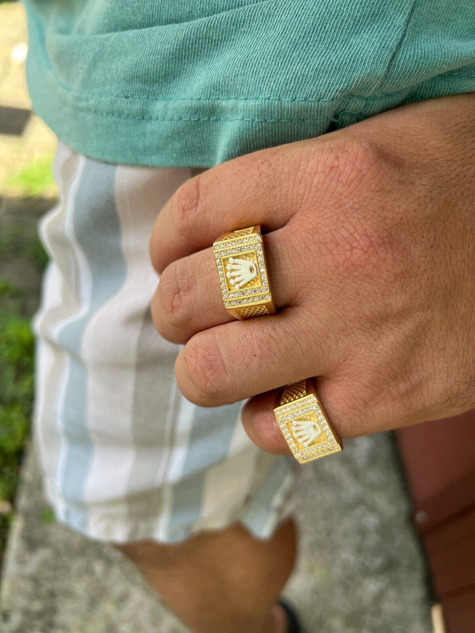 HarlemBling Real Solid 14k Gold Vermeil 925 Sterling Silver Iced Out Crown Diamond Pinky Ring Hip Hop