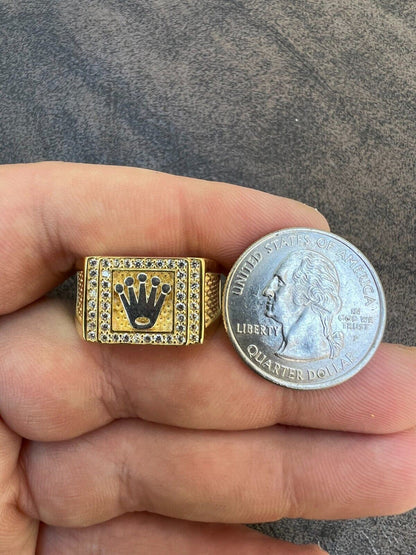 HarlemBling Real Solid 14k Gold Vermeil 925 Sterling Silver Iced Out Crown Diamond Pinky Ring Hip Hop