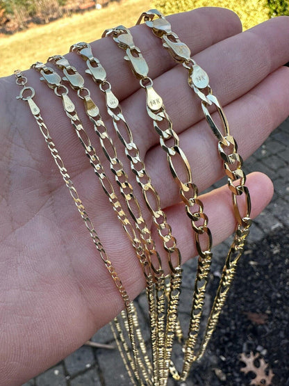 HarlemBling Real Solid 14k Yellow Gold Figaro Link Chain 16-24" 2mm-7mm Necklace ITALY