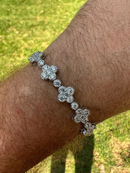HarlemBling Real Solid 925 Silver 10mm Iced CZ Clover Flower Tennis Bracelet Mens Ladies