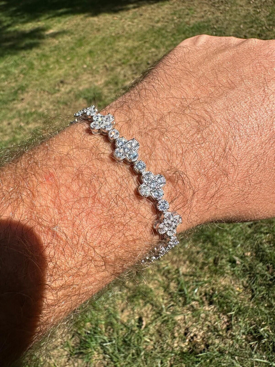 HarlemBling Real Solid 925 Silver 10mm Iced CZ Clover Flower Tennis Bracelet Mens Ladies