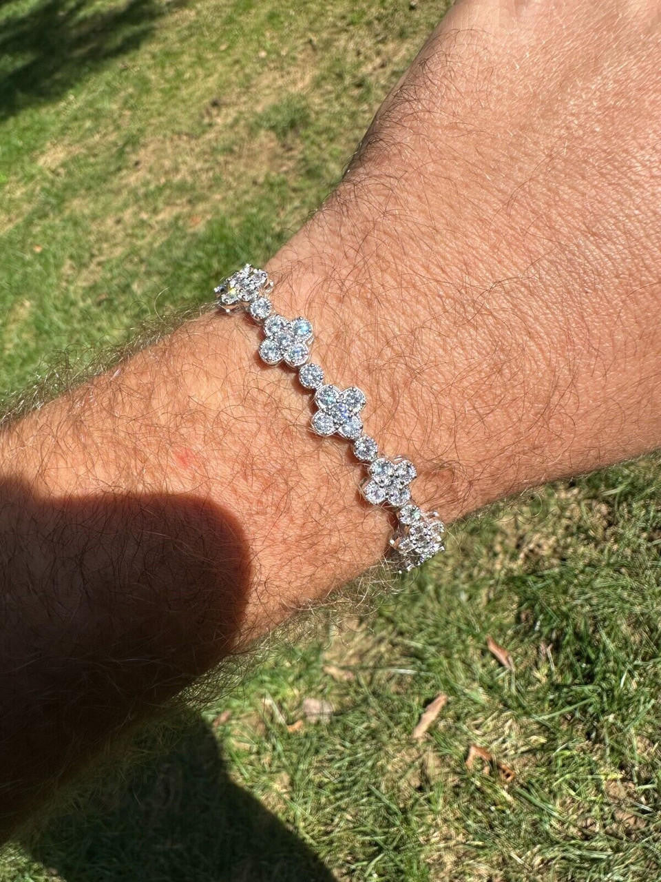 HarlemBling Real Solid 925 Silver 10mm Iced CZ Clover Flower Tennis Bracelet Mens Ladies