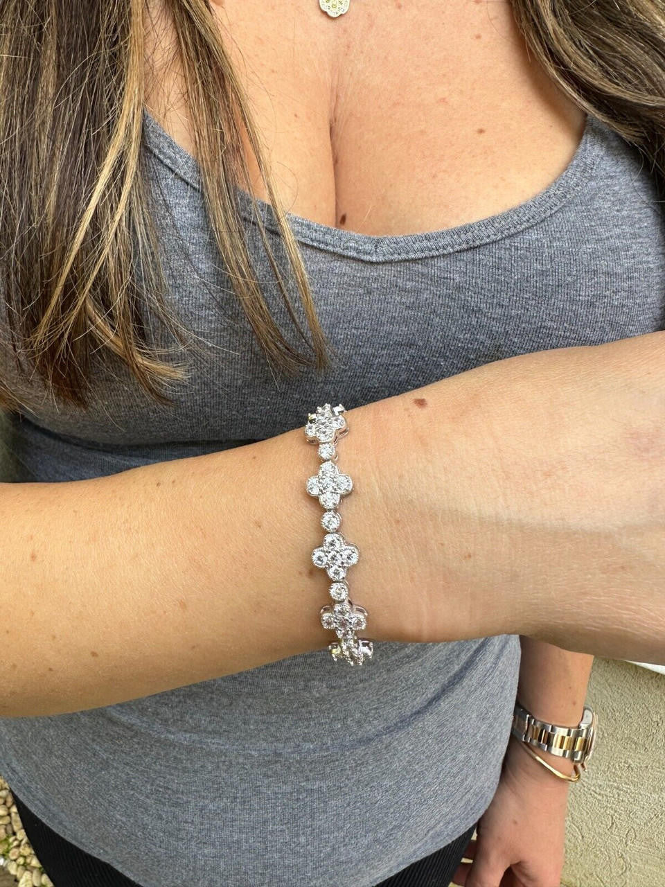 Real Solid 925 Silver 10mm Iced CZ Clover Flower Tennis Bracelet