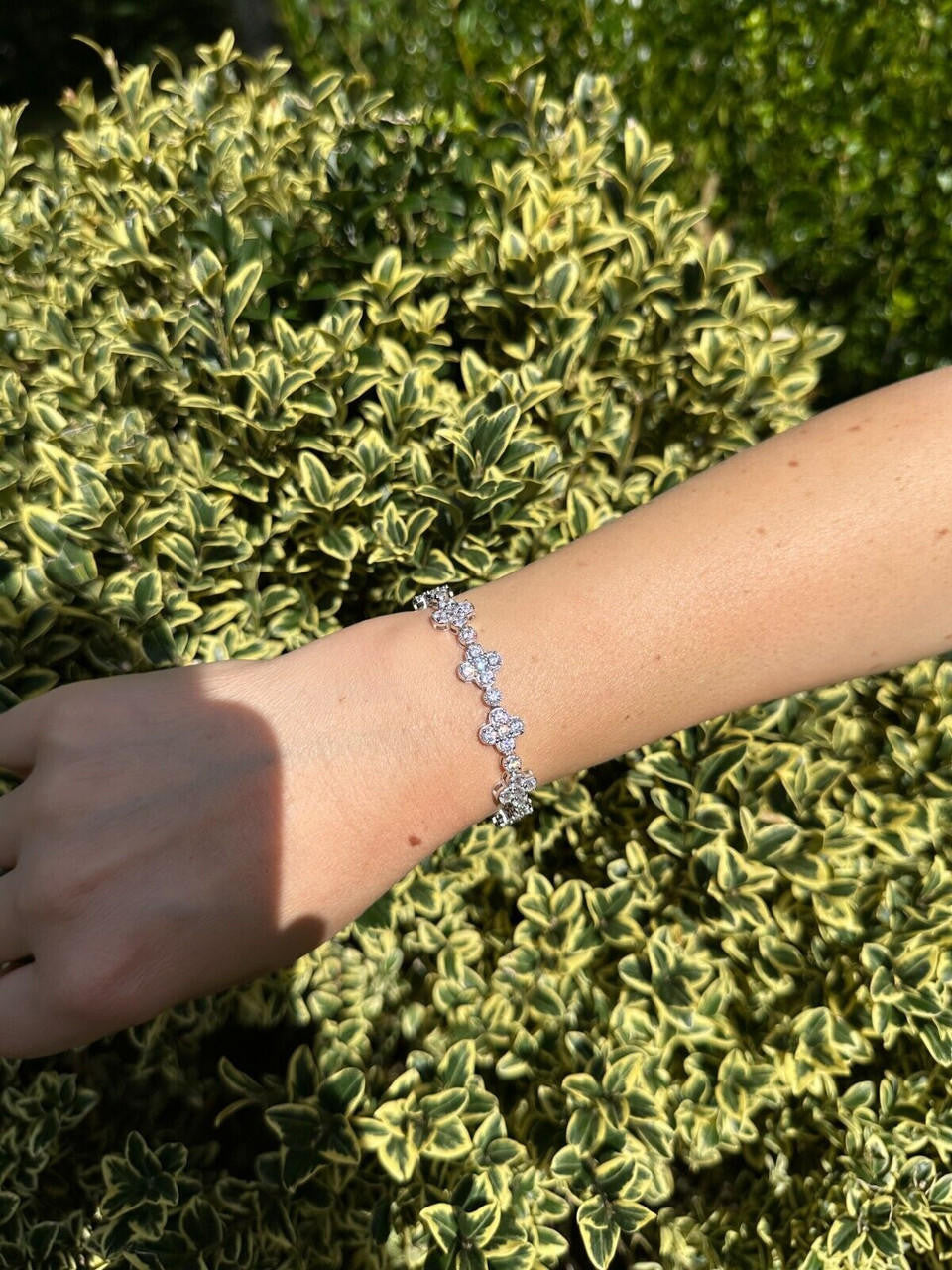 Real Solid 925 Silver 10mm Iced CZ Clover Flower Tennis Bracelet
