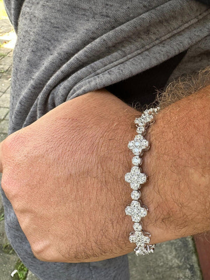 HarlemBling Real Solid 925 Silver 10mm Iced CZ Clover Flower Tennis Bracelet Mens Ladies