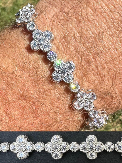 HarlemBling Real Solid 925 Silver 10mm Iced CZ Clover Flower Tennis Bracelet Mens Ladies