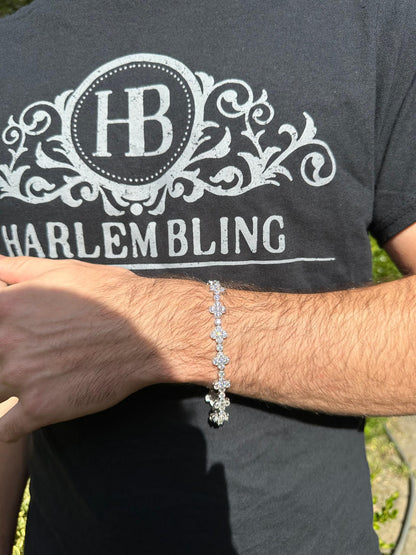 HarlemBling Real Solid 925 Silver 10mm Iced CZ Clover Flower Tennis Bracelet Mens Ladies