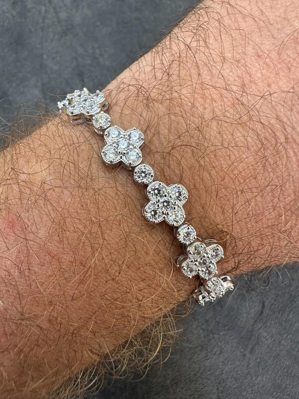 HarlemBling Real Solid 925 Silver 10mm Iced CZ Clover Flower Tennis Bracelet Mens Ladies